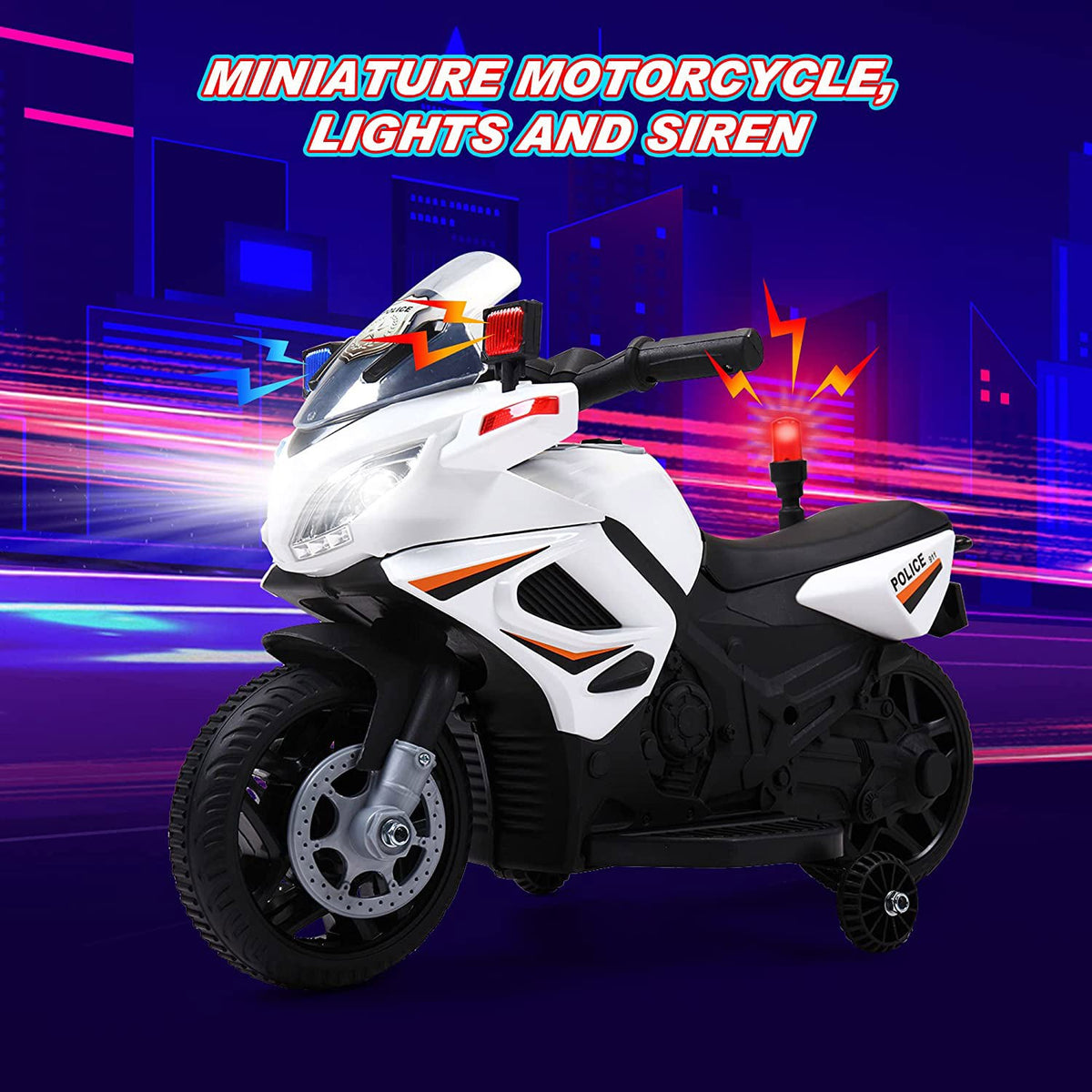 6V Battery Powered Kids Ride on Police Motorcycle, Electric Car Toy with Training Wheel, White