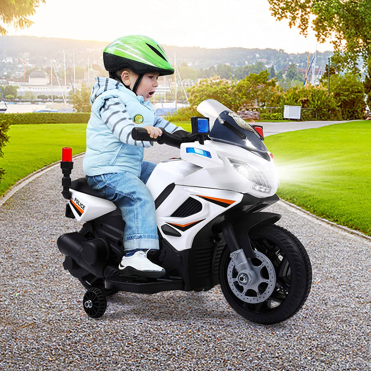 6V Battery Powered Kids Ride on Police Motorcycle, Electric Car Toy with Training Wheel, White