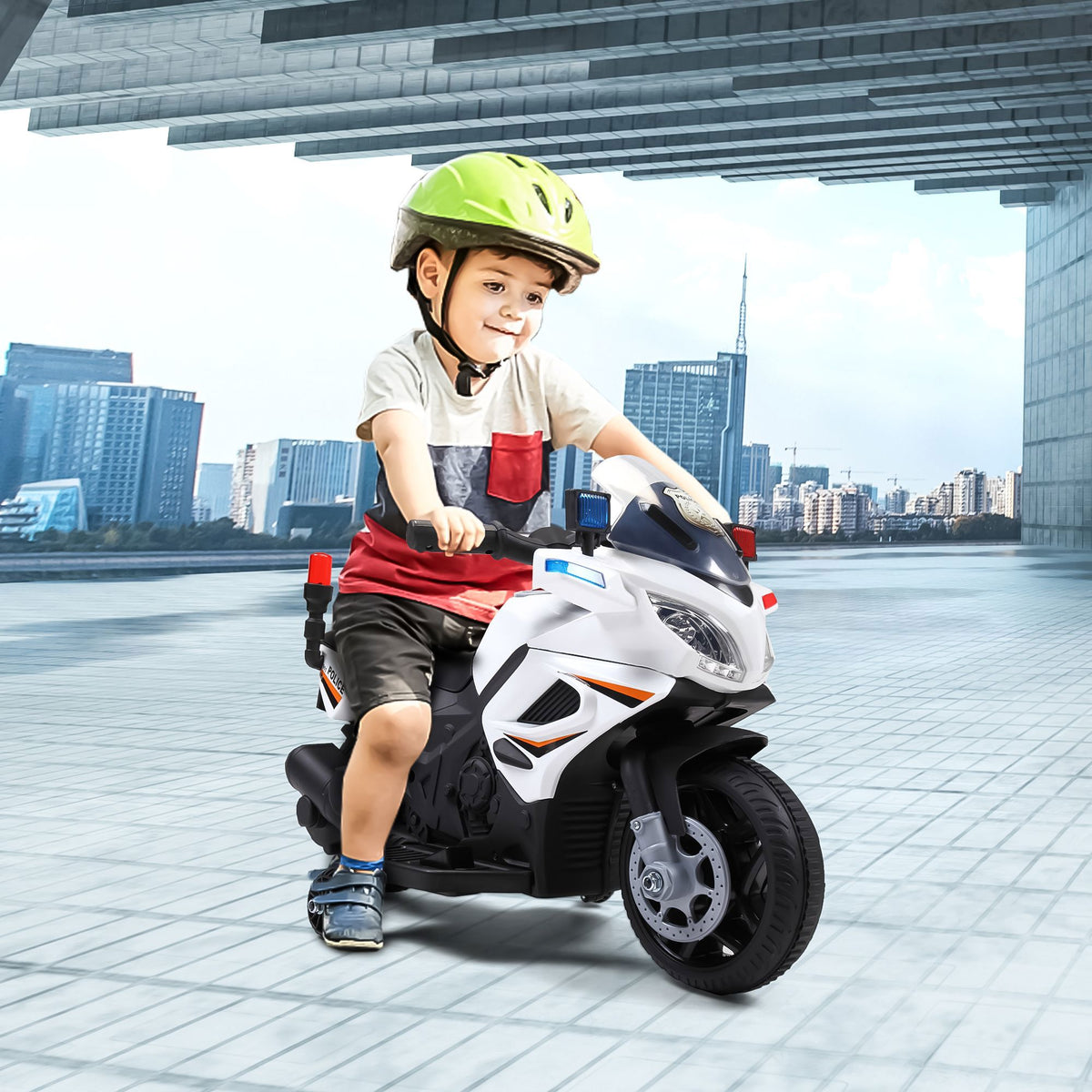 6V Battery Powered Kids Ride on Police Motorcycle, Electric Car Toy with Training Wheel, White