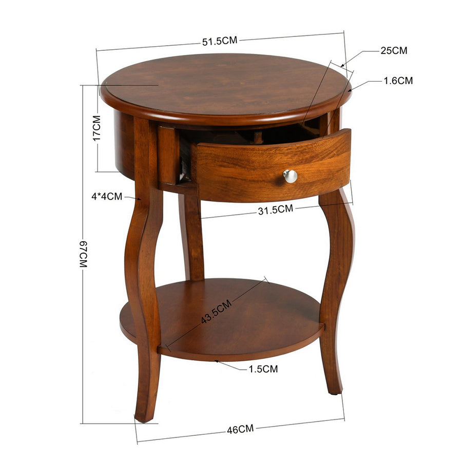 Mid-Century Round Side Table With Drawer Storage, Brown