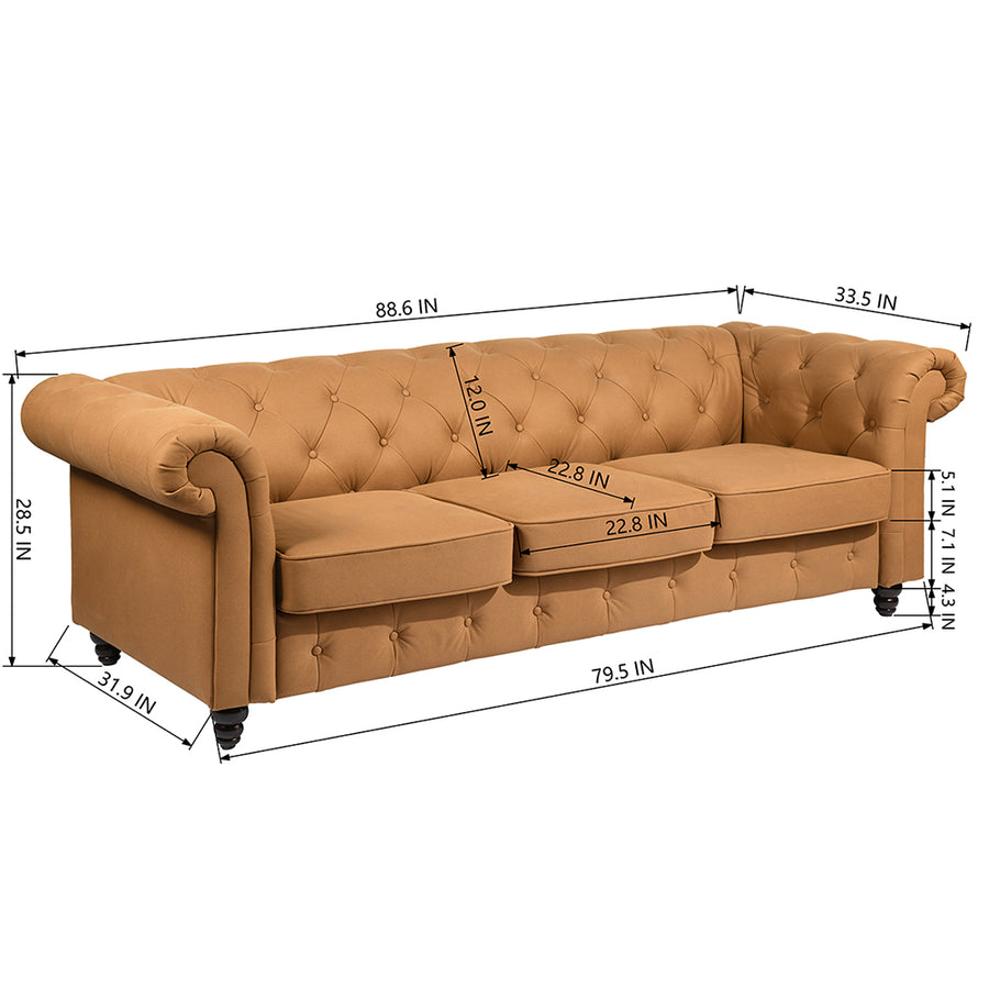 Tufted Upholstered Three-seater Arm Sofa, Camel