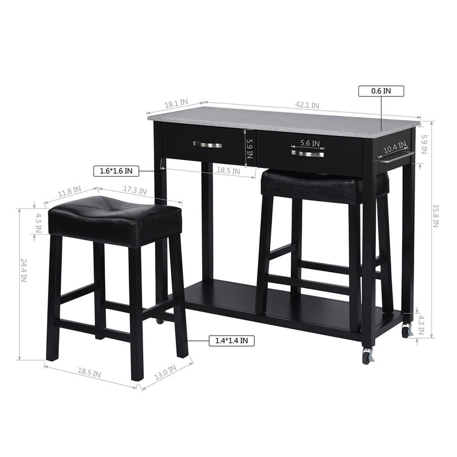 3-Piece Marble Top Kitchen Island Table&Stools Set