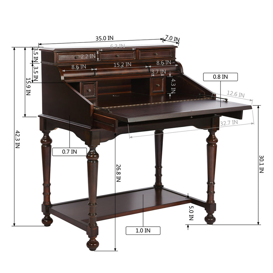 Wooden 10-Drawer Secretary Desk, Warm Brown