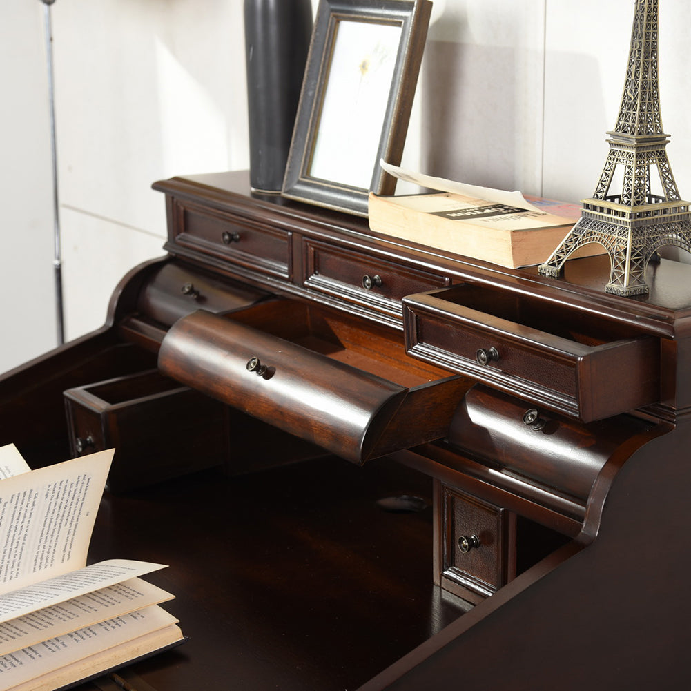 Wooden 10-Drawer Secretary Desk, Warm Brown