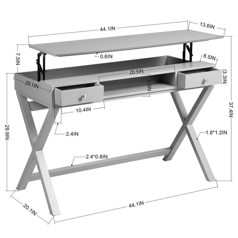 Wood 2-Drawer Writing Desk with Lifting Desktop, Gray