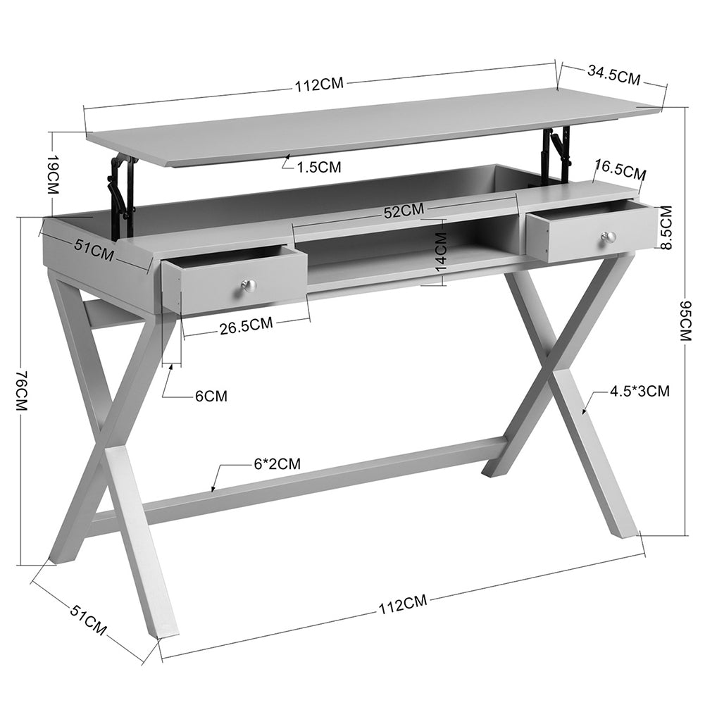 Wood 2-Drawer Writing Desk with Lifting Desktop, Gray