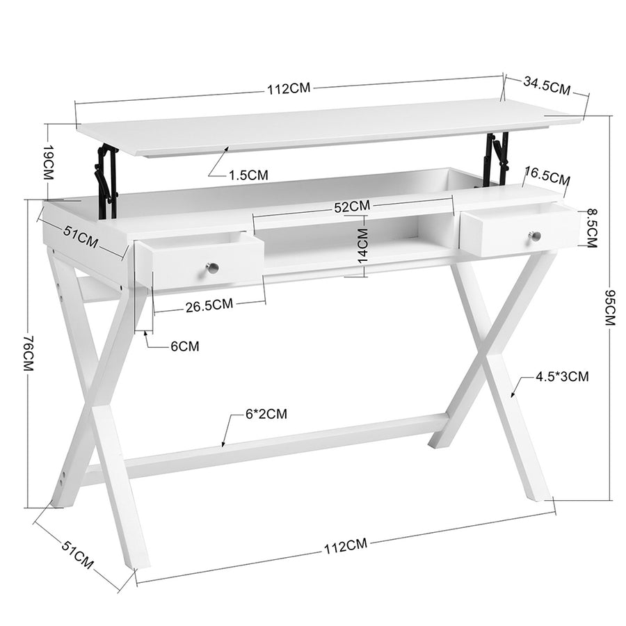 Wood 2-Drawer Writing Desk with Lifting Desktop, White