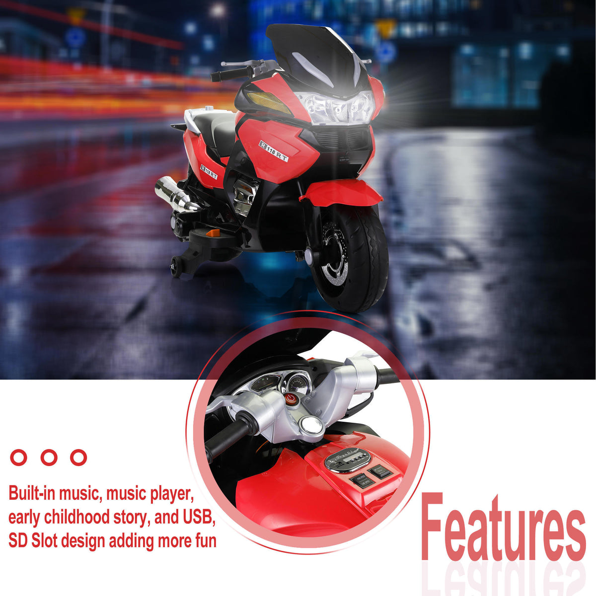 12V Kids Ride On Battery Powered Motorcycle, Electric Power Motorcycle for Kids 2-6 with LED, MP3