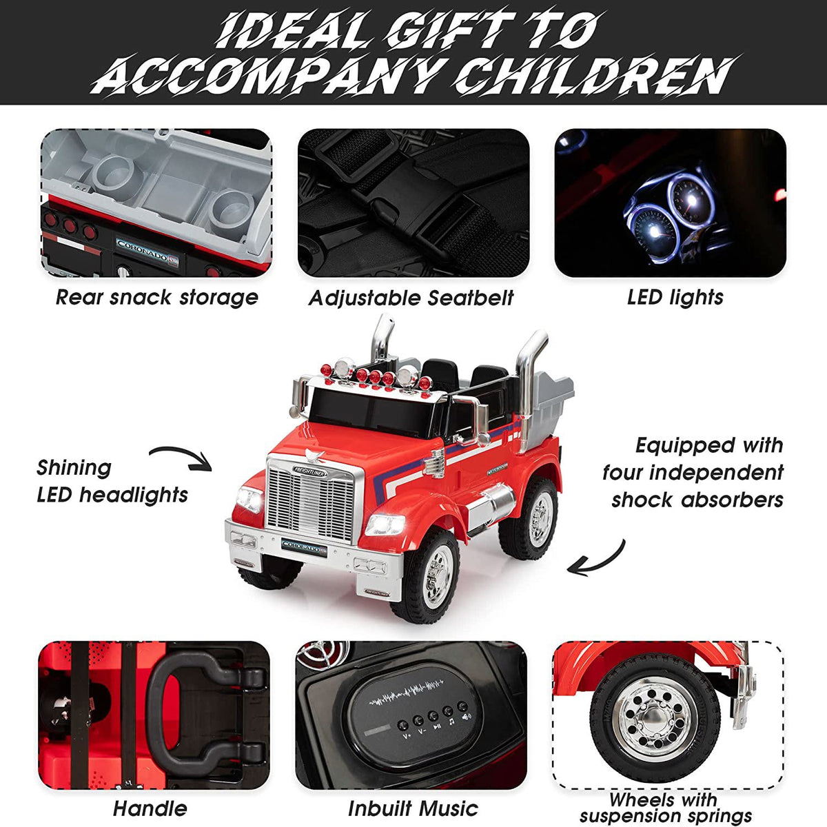 CIPACHO 12V Kids Battery Electric Ride On Car Toy with Remote Control, Transformers Die-Cast Vehicle W/ Music, Rear Loader,Red