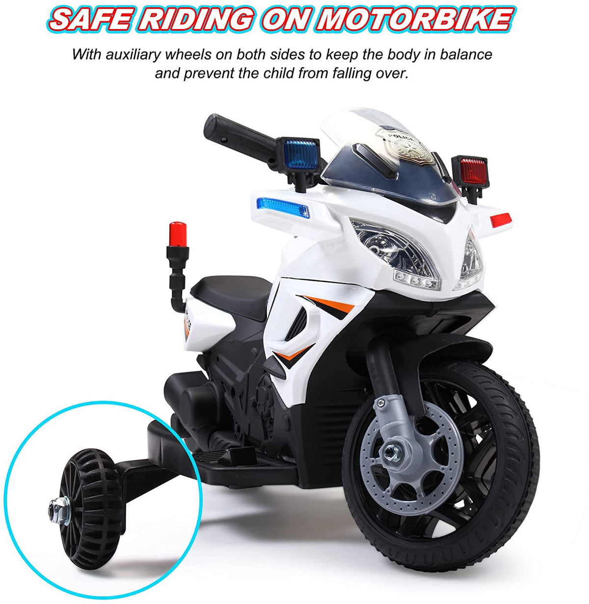 6V Battery Powered Kids Ride on Police Motorcycle, Electric Car Toy with Training Wheel, White